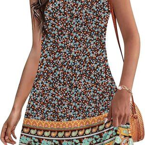 Women's Summer T-Shirt Dress Loose V-Neck Mini with Pockets Casual Boho